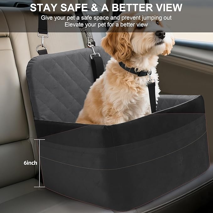 Dog Car Seat for Small/Medium Dogs,Pet Dog Booster Car Seat Puppy 15-35 lbs with Soft 4+2in Detachable Pads Detachable Elevated Cushion and Washable Cover Safety Belt Storage Pockets Easy to Install