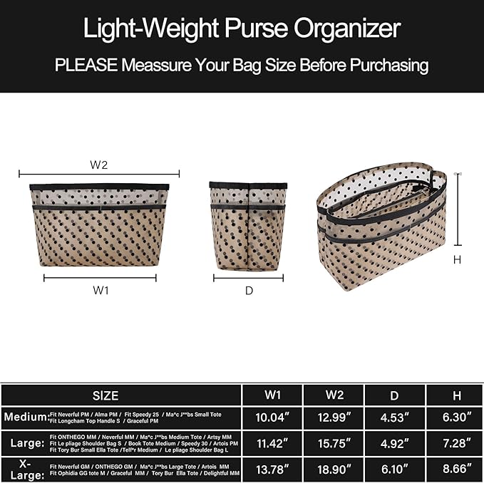 ZTUJO Purse Organizer Insert For Handbags,Mesh Bag Organizer Insert With Zipper Bag Tote Shaper Fit Speedy Neverful PM MM le Pliage,Light Weight (Brown polka dots Beige, Medium)