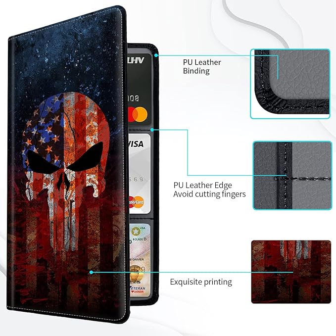 Car Registration and Insurance Card Holder, Premium Leather Vehicle Wallet Cover for Glove Box Car Organizer Drivers License/Cards/ID - Essentials Document Holder, Death Skull American Flag