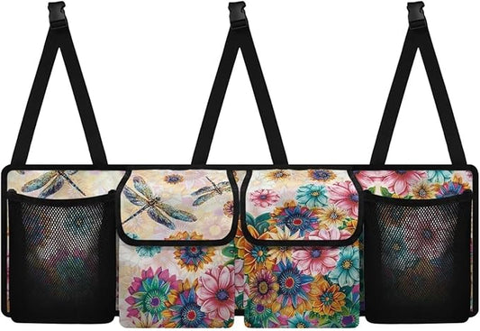 Dragonfly Car Trunk Organizer for Women Lady Boho Floral Blossoms Waterproof Hanging Car Storage Organizer Trunk Storage Bag