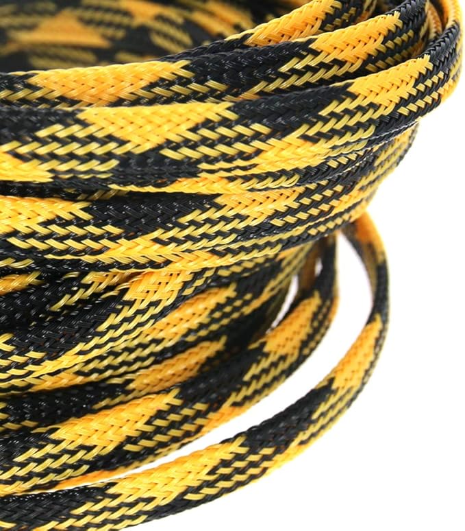 Aicosineg 32.81ft PET Flexible Braided Cable Sleeve 0.25inch Width Wire Loom Sleeving and Organizer Flexible Wire Mesh Sleeve Wrap Protector for TV Audio PC Cords from Pets Chewing Black and Yellow