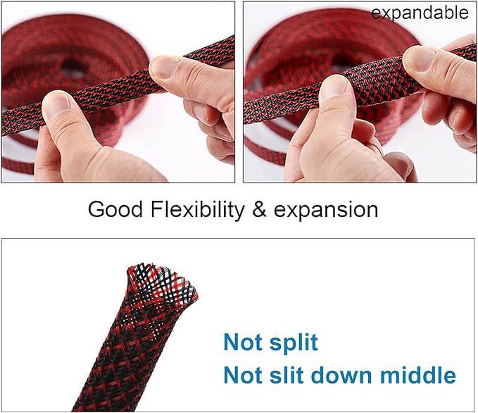 100ft - 3/4 inch PET Expandable Braided Sleeving – BlackRed – Alex Tech Braided Cable Sleeve