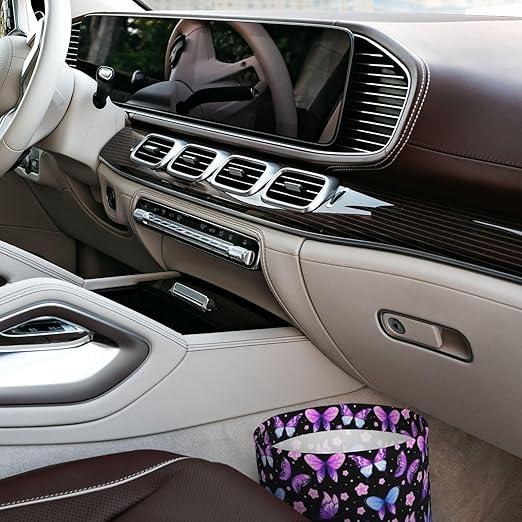 Car Trash Bag Butterfly Purple Hanging Back of Seat Car Portable Trash Bag Butterfly Purple Waterproof One-Handed Portable Strap Drawstring Garbage Bags 2 Pieces Car Coasters