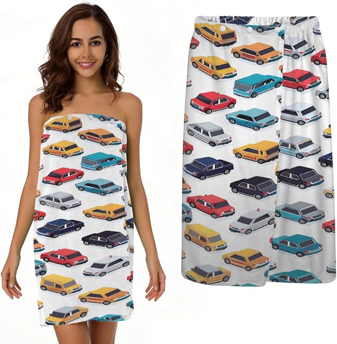 Women's Bath Wrap Colorful Cars Pattern Print Absorbent Shower Spa Body Bath Robe Wraps Bathrobe Towel with Adjustable Closure