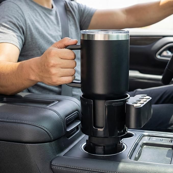 GDQ 2-in-1 Car Cup Holder Expander with Coin Organizer - Adjustable Base, Universal Fit for Most Vehicles, Compatible with Yeti/Stanley Large Mugs & All Handle Cups, Automotive Interior Storage
