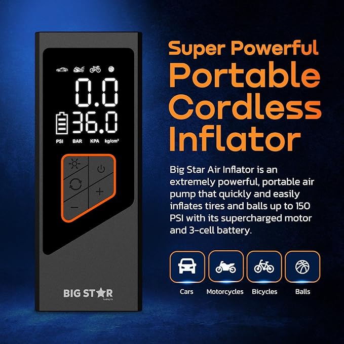 Portable Tire Inflator Air Compressor 150 PSI - Digital Gauge Auto Shut-Off LED Light for Car SUV Motorcycle Bike Balls - Fast 12V DC Pump w/ 10ft Cord (Big Star Trading)