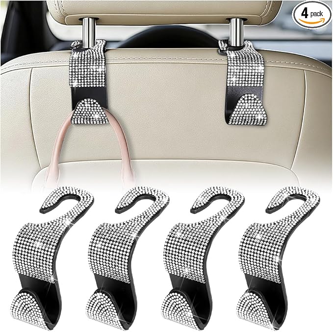 HZEL Bling Car Seat Headrest Hooks, 4PCS Crystal Rhinestone Vehicle Seat Back Hanger Holder for Purses Bag Handbags, Diamond Headrest Storage Organizer, Universal Auto Accessories (White)