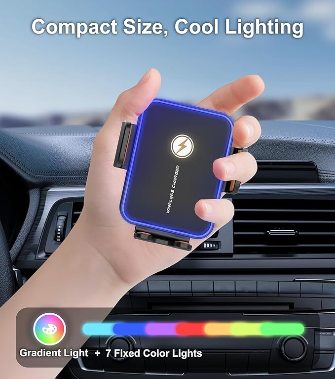Wireless Car Charger, BLESSOURCE 7 Color RGB Backlit 15W Fast Charging Auto Clamping Car Mount Charger, Air Vent Phone Holders for Your Car Accessory for iPhone 17/16/15/14/13 Series,Samsung, Android