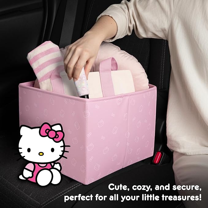 Sanrio Hello Kitty Car Trunk Organizer & Steering Wheel Cover Set – Cute, Non-Slip, Soft Grip Car Accessories for Women – Collapsible Storage Bin for Groceries, Tools & Travel – 12.5"L x 12.5"W x 9"H
