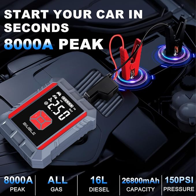 8000A Jump Starter with Air Compressor, 26800mAh Car Battery Jump Starter (All Gas/16L Diesel), 150PSI Battery Jumper Starter Portable, Jump Box with Smart Jumper Cables, Jump Pack with USB QC3.0