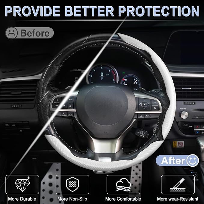 Amiss 3pcs Carbon Fiber Anti-Skid Steering Wheel Cover, Waterproof & Segmented Butterfly Design, Universal 99% Vehicle Wheel Cover Protector, Car Interior Accessories (White-3pcs)