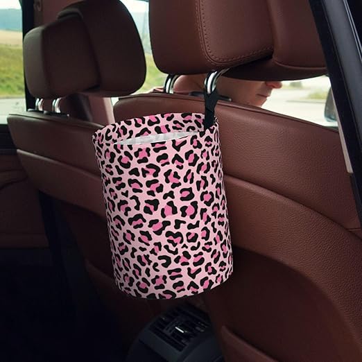 Car Trash Bag Leopard Print Pink Hanging Back of Seat Car Portable Trash Bag Leopard Print Pink Waterproof One-Handed Portable Strap Drawstring Garbage Bags 2 Pieces Car Coasters