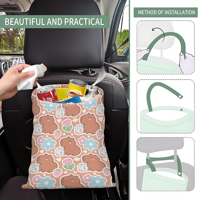 Cute Car Trash Can, Hanging Canvas Car Back Seat Organizer and Storage Bag, Funny Car Trash Bag for Travelling, Outdoor Cute Brown Capybara