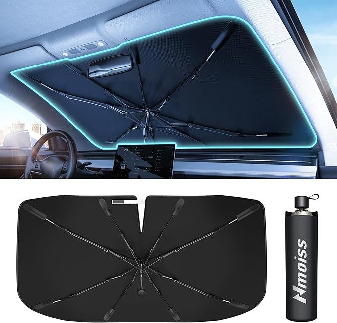 Nmoiss Windshield Sun Shade Umbrella for Ford F150 F250 F350 & Explorer - [Vinyl Coating Heat Shield] Protect Car from Sun Rays & Heat Damage Keep Cool and Protect Interior, Spring Structure Edge