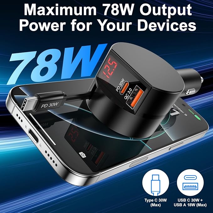 Retractable Car Charger USB C, 2-Pack 3-Port Retractable Fast USB C Car Phone Charger, 65W 3 in 1 Type C Cigarette Lighter Adapter with Retractable Cord for iPhone 17 16 15 Pro Max,Galaxy,iPad,Pixel