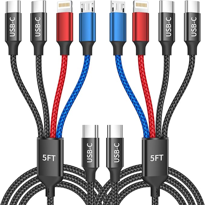 USB C to 4 in 1 Charging Cable with Dual Type-C Port 5FT, Multi Charging Cable for Multiple Devices, USB Cords with IP/Micro/2 USB-C Port for iPhone16/15/14, Androids Tablet Pad Mini Fan (2Pack)