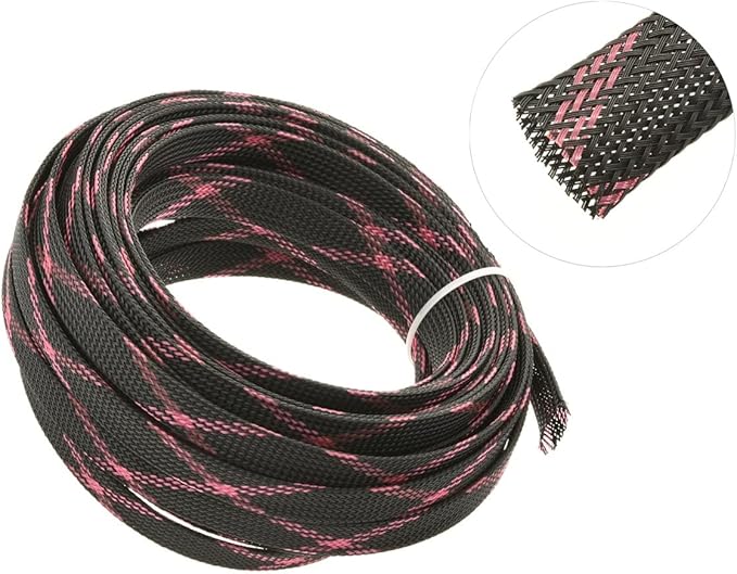 Aicosineg 32.8ft PET Flexible Braided Cable Sleeve 0.44inch Width Wire Loom Sleeving and Organizer Flexible Wire Mesh Sleeve Wrap Protector for TV Audio PC Cords from Pets Chewing Black and Pink