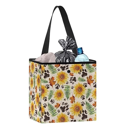 Sunflower Maple Leaf Paws Print Car Trash Can Cute Leakproof Car Garbage Bag Hanging Trash Bin Automotive Garbage Cans for Back/Front Seat/Console Car Accessories