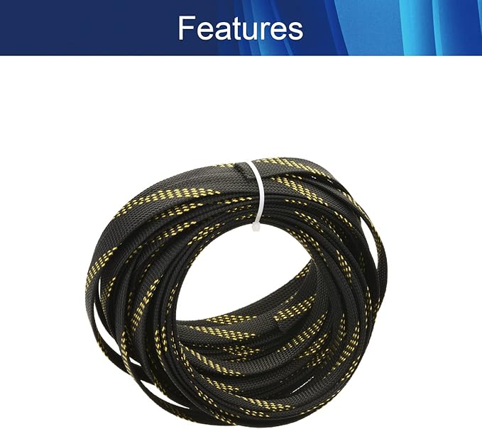 Aicosineg 32.8ft PET Flexible Braided Cable Sleeve 0.55inch Width Wire Loom Sleeving and Organizer Flexible Wire Mesh Sleeve Wrap Protector for TV Audio PC Cords from Pets Chewing Black and Gold