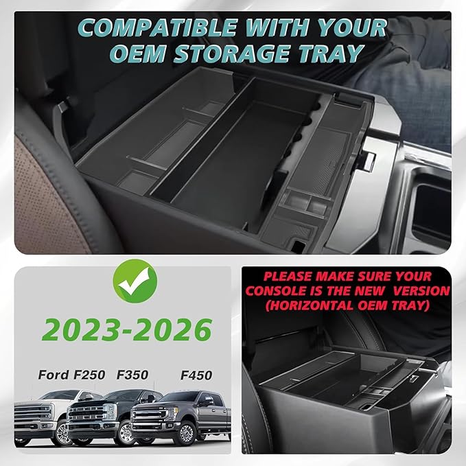 Muslogy Center Console Organizer For 2023-2026 Ford F250 F350 F450 Super Duty Accessories Custom Fit Storage Box Divider(Fit with OEM Tray), Fits Bucket Seats Only, Not for Work Surface Console(Brown)