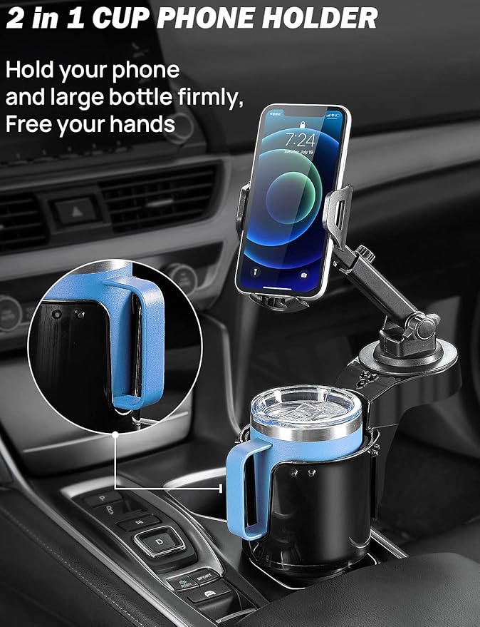 JOYTUTUS Cup Holder Phone Mount for Car, Car Cellphone Large Adapter Long Arm with 360 Degree Rotation, Compatible iPhone, Samsung & All Smartphones,Black,2 Pack