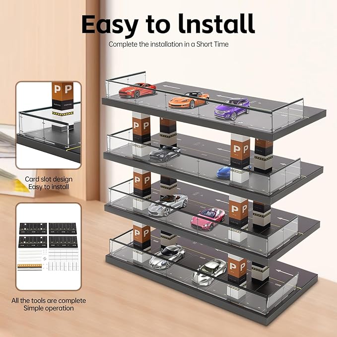 4-Tier 1:64 Die-Cast Car Display Case – Clear Acrylic Parking Garage Style Toy Car Organizer with Solid Wood Base, Dust-Proof Display Shelf for Miniature Car Collectors & Kids' Gifts