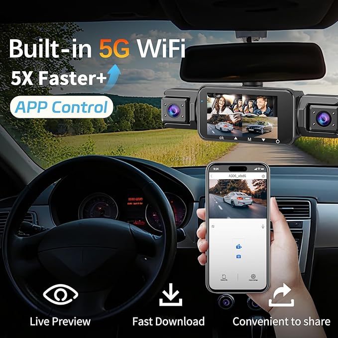 4 Channel Dash Cam Front and Rear Cabin, 360° Dash Camera ，Night Vision 8 IR Lamps Dash Camera for Cars, 5G WiFi for Download, G-Sensor, 24H/7 Parking Mode with 64GB Card,Support 256 GB Max