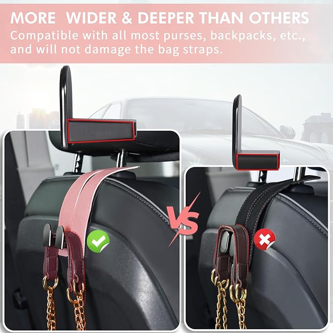 Car Hooks for Headrest, Leather Car Seat Back Storage Organizer Interior Accessories, Auto Seat Hook Hangers for Purse Umbrellas Handbag Clothes Coats Grocery Bags (Pink-1 Pack)