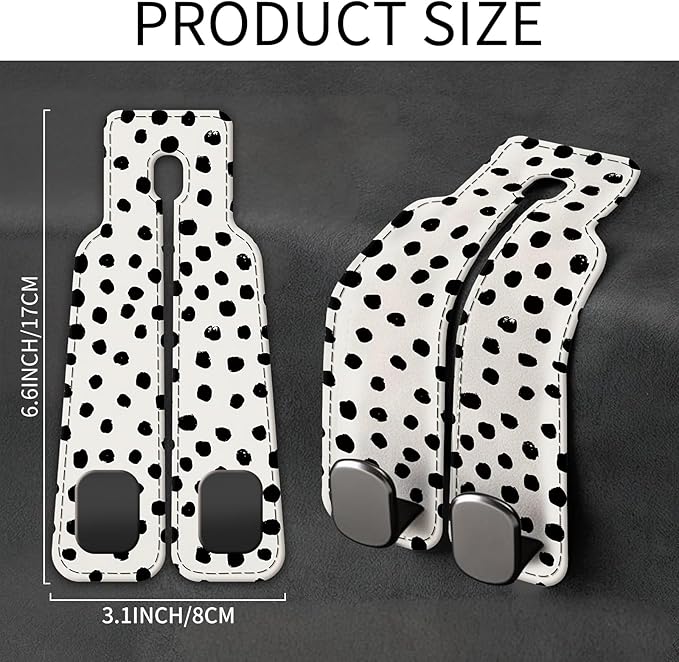 Car Seat Back Storage Headrest Hook, Premium Leather Double Metal Hook, Hanger Storage Organizer for Purse Cloth Bag, Car Interior Accessories Black White Polka Dots
