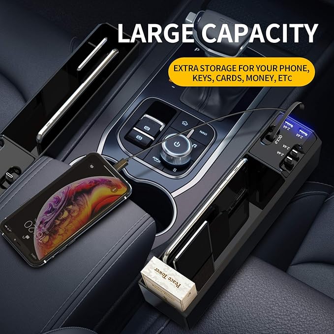 Car Seat Gap Filler Organizer with 2 USB Ports and 3 Charging Cable of Type C, iOS, Micro USB, Multifunctional Storage Box Advanced Console to Increase Space
