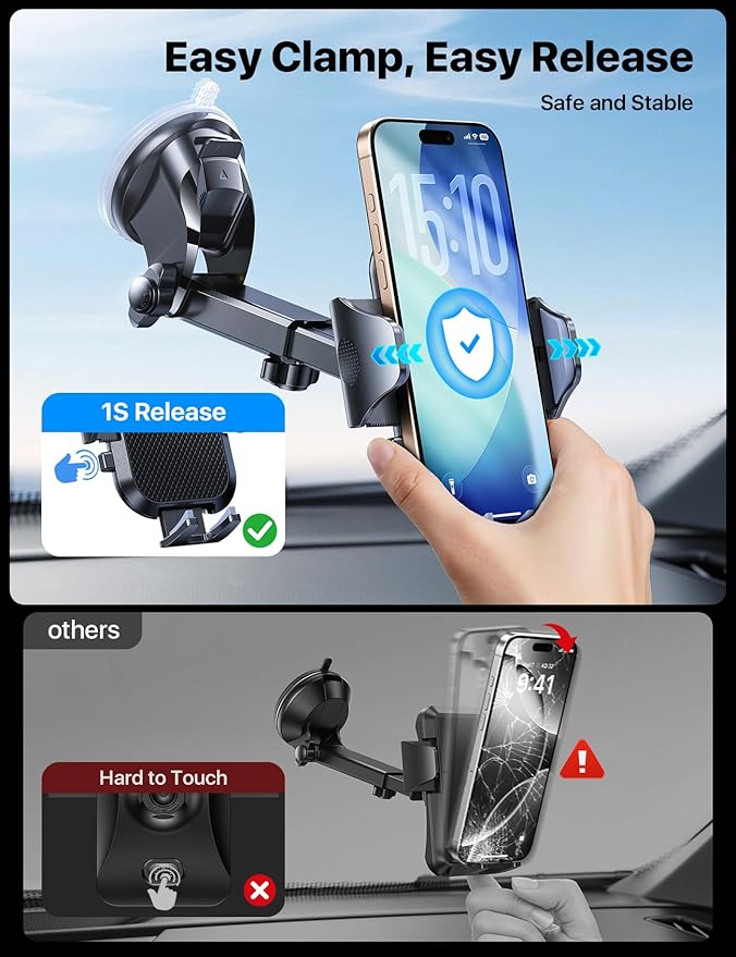 andobil 2026 Military-Grade Car Phone Holder [Upgraded Strongest Suction & Clip] Phone Holders for Your Car, Dashboard Windshield Vent Car Phone Mount for iPhone 17 Pro Max 16 15 14 13 12 Android