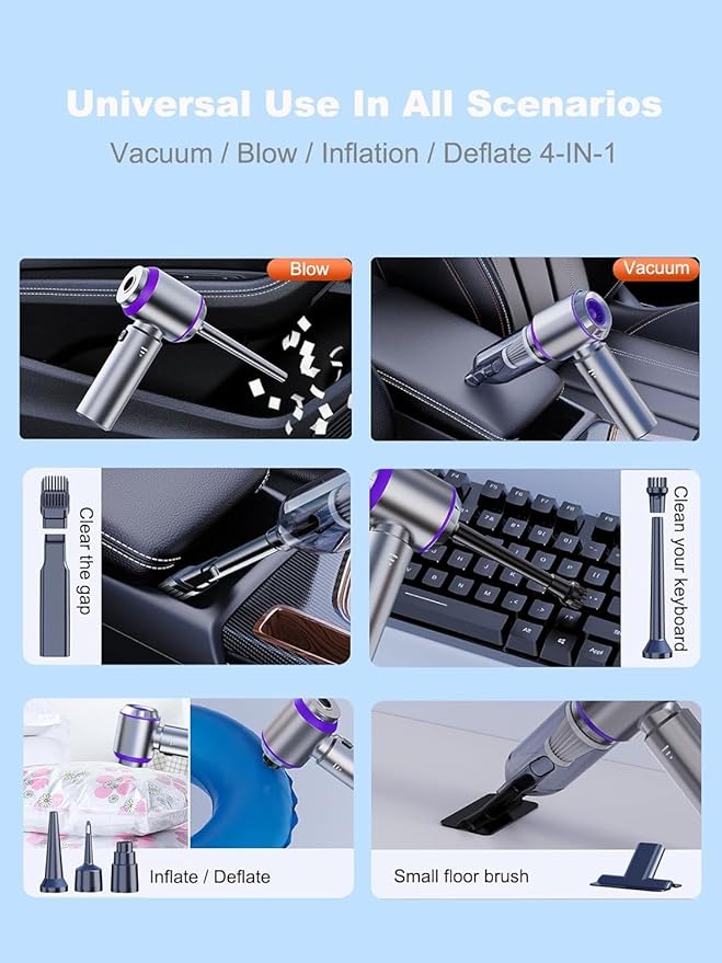 4-in-1 Cordless Mini Car Vacuum & Air Duster – 18,000PA Powerful Suction, USB-C Rechargeable, HEPA Filter, Handheld Portable for Car Interior, Pet Hair, Keyboard & Home Cleaning