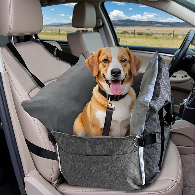 Dog Car Seat for Small/Medium Dogs Under 40 lbs - Elevated Pet Seat with Safety Belt, Non-Slip Base, and Storage Pockets for Car Travel Gray