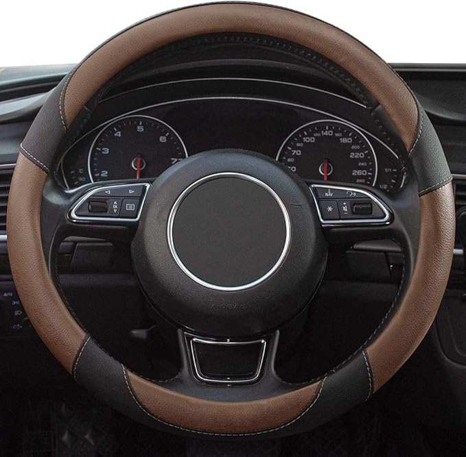 Xizopucy Steering Wheel Covers Black Universal Microfiber Leather, Suitable for 14 1/2-15 inch Car Steering Wheel Cover, Breathable, Anti Slip- Brown
