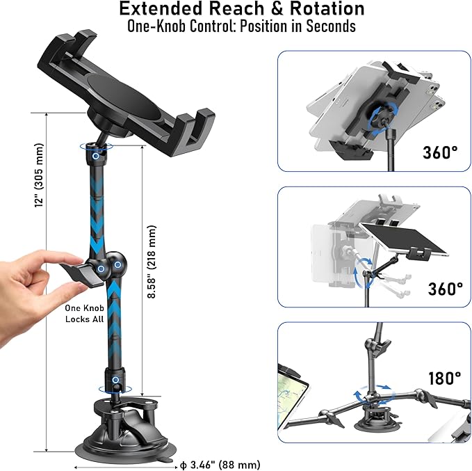 Heavy Duty Window Dashboard Tablet Mount for Truck Car Van Vehicle Pickup, Anti-Shake Metal Joint iPad Dash Holder, Suction Cup Stand for iPad Pro 12.9 Air Mini, Z Fold, IPhone, Thick Case Friendly