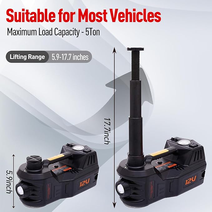 Trihelper Electric Car Jack 5 Ton 12V Floor Jack Hydraulic Jack Stand Car Lift Jack with Integrated Tire Pump for SUV Truck Sedan Vehicle Roadside Emergency Tire Change