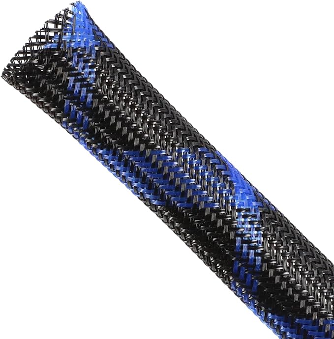 Expandable Braided Sleeving, PET Automotive Wire Loom, Flexible Cable Management for Audio Video and Other Home Device, Cord Protector from Pets (Black Blue, 1" x 25ft)