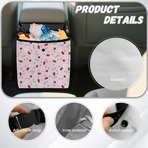 2 Gallons Open-Top Car Trash Can Hanging Car Trash Bag Water Resistant Leakproof Trash Bag Car Accessories for Women, Cherries and Daisy Pink