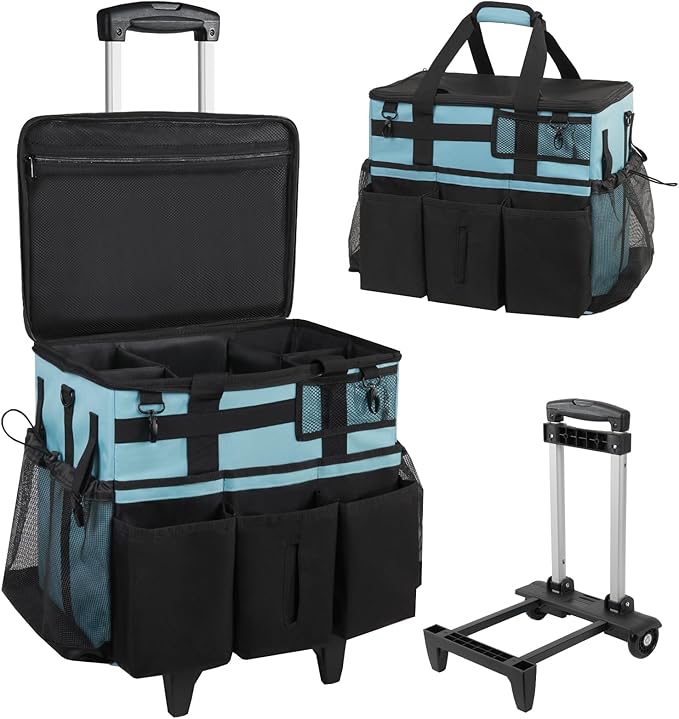 Rolling Cleaning Caddy Bag with Detachable Trolley, Large Cleaning Supplies Organizer with Wheels, Multi Pocket Cleaning Cart with Adjustable Shoulder Strap for Housekeepers & Home, SkyBlue