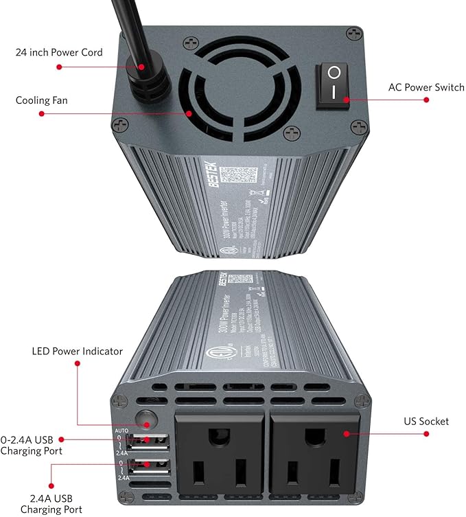 BESTEK 300W Power Inverter DC 12V to 110V AC Car Inverter with 4.2A Dual USB Car Adapter (Gray)