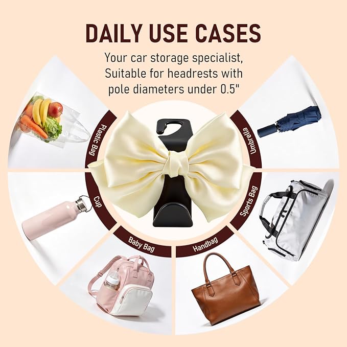 Car Seat Headrest Hook, Bow Car Purse Hooks, Auto Seat Hook Hangers Storage Organizer Interior Accessories for Purse Coats Umbrellas Grocery Bags Handbag, 2-Pack (White)