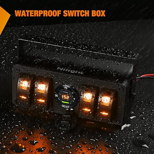 Nilight 4 Gang Rocker Switch Box 12V SPST ON Off Toggle Switches PD Type C and QC 3.0 USB Sockcet Voltmeter Orange LED Light Waterproof Aluminum Mount Bracket Panel DIY Stickers for Boat Car RV Truck