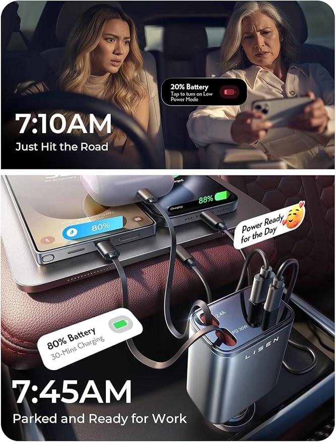 LISEN Retractable Car Charger, Gifts for Him Her, Car Adapter USB C Fast Charger, gifts for Mothers Day Travel Essentials kits Car Accessories for Men Women Gifts for iPhone 17 16 15 14 13 Samsung S26
