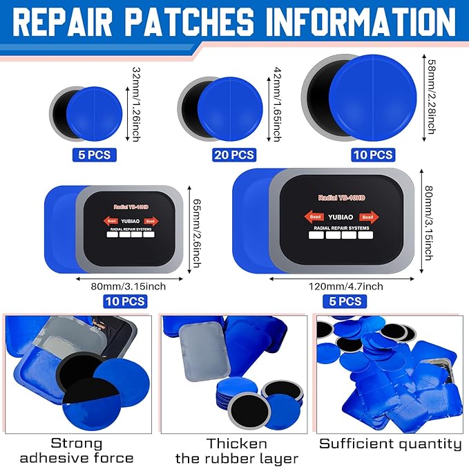 Tallew 50 Pcs Tire Patches 5 Sizes Rubber Radial Tire Repair Patch Plug Kit Heavy Duty Emergency Repair Tool for Puncture Car Truck Bus Tractor Vehicle Motorcycle 32, 42, 58, 65x80, 85x120 mm