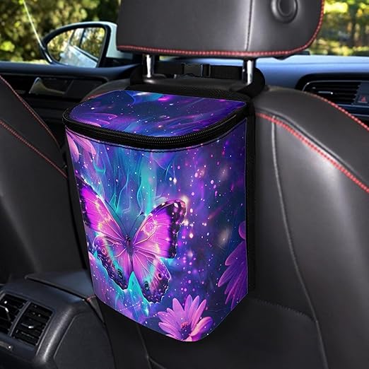 KEIAHUAN Purple Butterfly Foldable Hanging Car Trash Can for SUV Truck Van Automotive Vehicle Garbage Cans Large Capacity Garbage Bin for Travel Camping Office