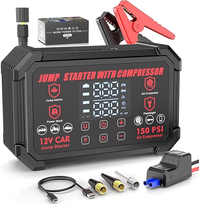 Jump Starter with Air Compressor, 4000A Peak Portable Car Battery Jumper Starter with 150PSI Auto-Shutoff Tire Inflator, 12V Car Jump Box with LED Light&LED Display All Gas /10L Diesel,Motorcycle