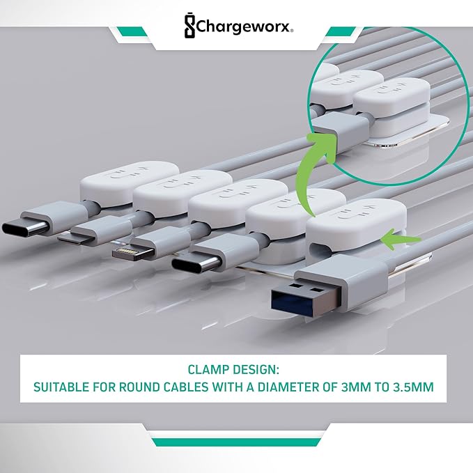 CHARGEWORX Magnetic Cable Clips 10-Pack – Adhesive Cord Organizer for Desk, Wall, Nightstand & Car – Magnetic Cable Holder for USB-C, Lightning, HDMI & Charging Cables – Cable Management Clips