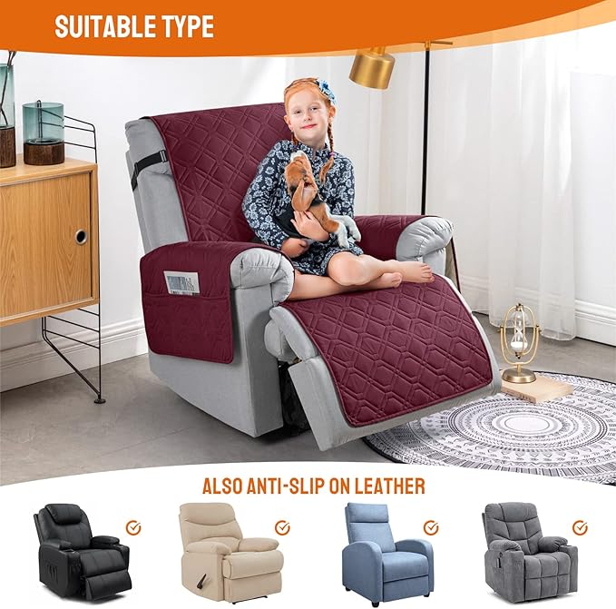VANSOFY 100% Waterproof Recliner Chair Covers, Recliner Cover Non-Slip Dog Chair Cover Furniture Protector Washable Slipcover with Pocket, Elastic Straps for Pets, Dogs(Burgundy, 28")