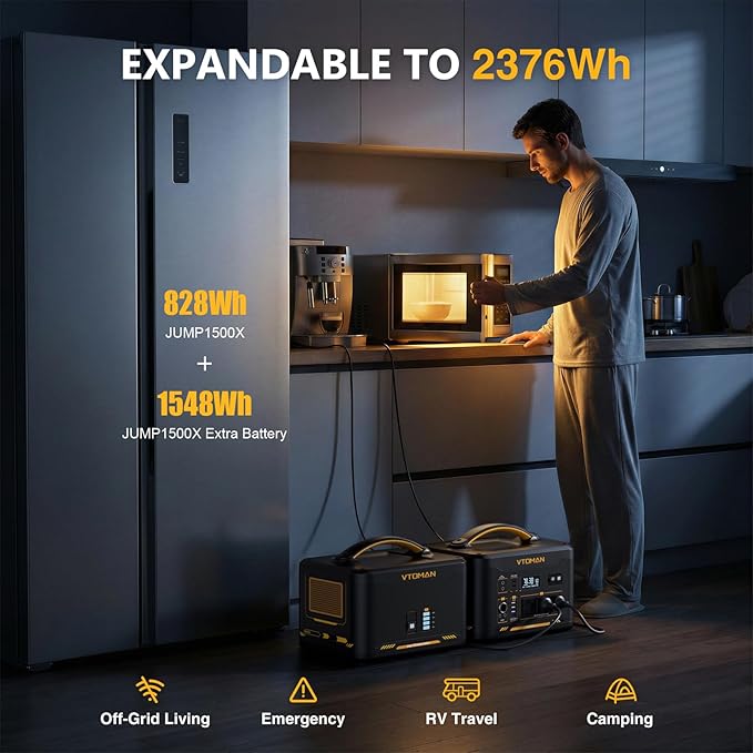 VTOMAN 2376Wh Portable Power Station, Jump 1500X Solar Generator with Extra Battery, 3000W Peak Durable LiFePO4 (LFP) Battery Station with 1500W AC Outlets, PD 100W for Home Backup & RV/Van Camping