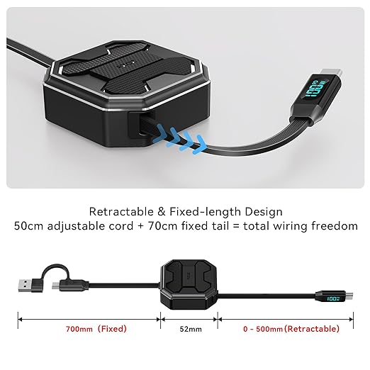 pzoz Retractable 2-in-1 Charging Cable with LED Display, Multi USB C & USB A to USB C for iPhone iPad Mac Samsung for Car CarPlay Desktop Management Organizer